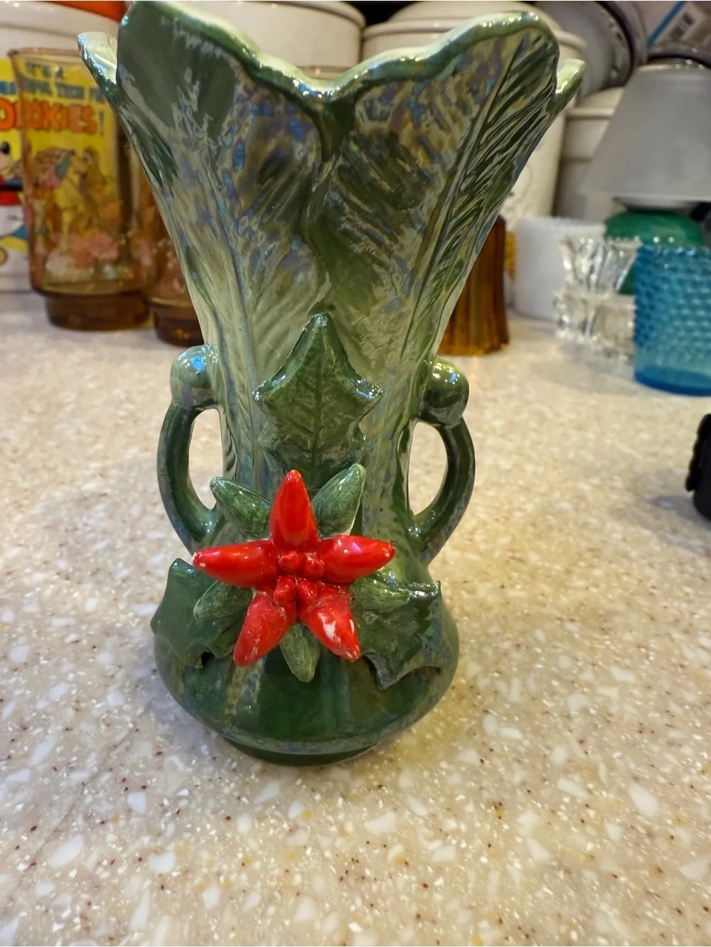 Norcrest Vintage Christmas Holiday Green Ceramic Accent Vase Red Floral Detail
